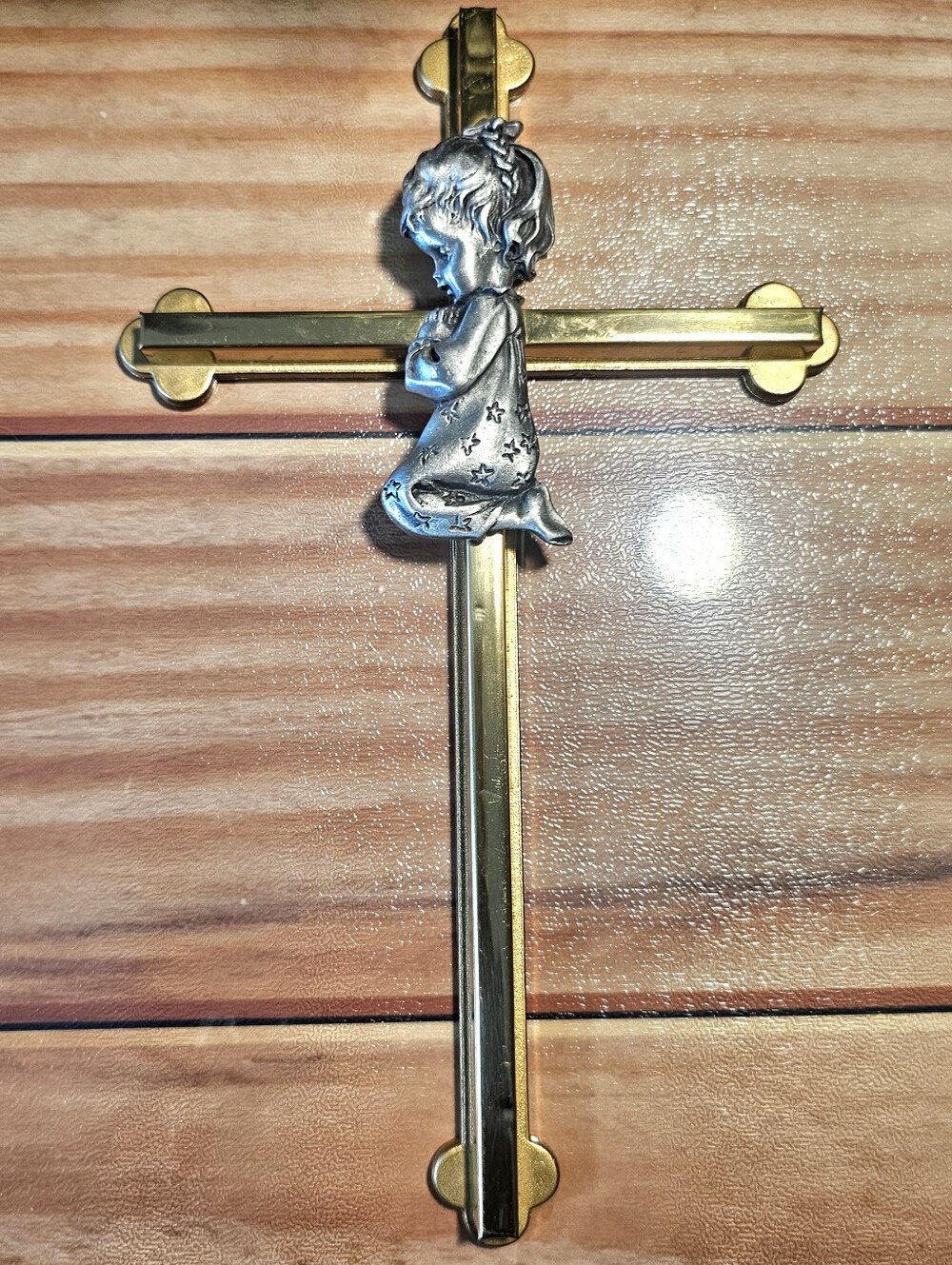 Gorham Gold Tone Wall Cross With Silver Praying Girl Religious Decor 5" x 8"
